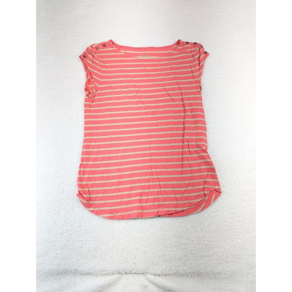 Liz Claiborne Women's Coral White Striped Cap Sleeve Button Shoulder Top M